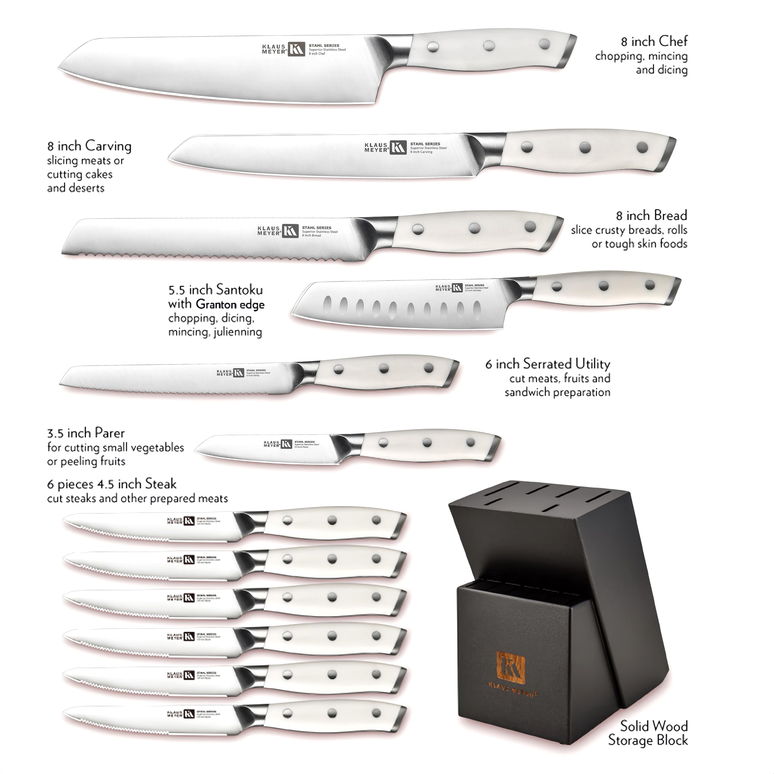 Klaus Meyer Stahl High Carbon Exclusive German Steel 13 Piece Knife Block Set (White)