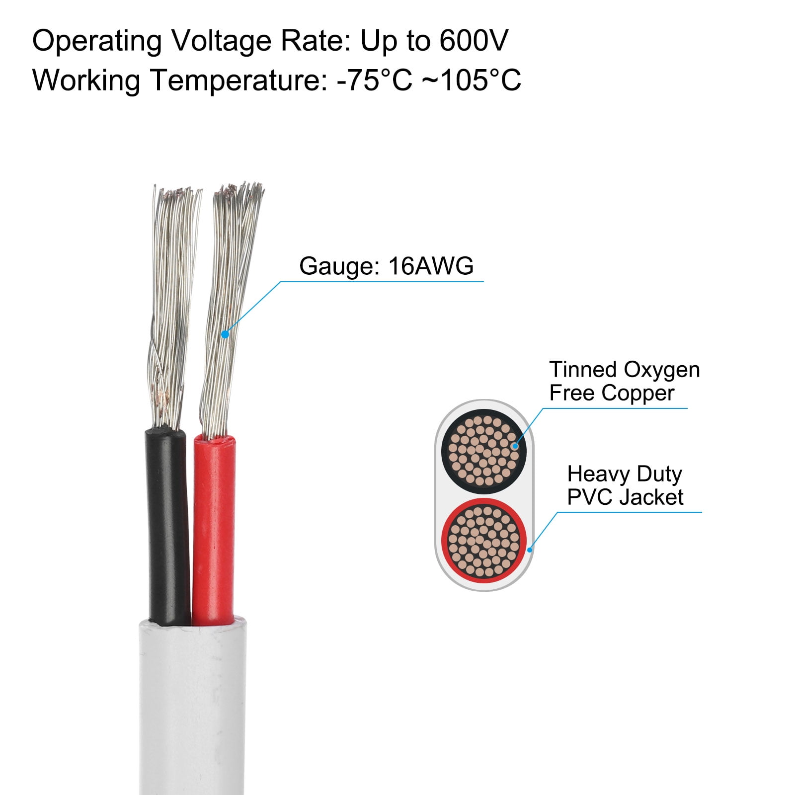2 Core 16AWG Duplex Marine Wire 20 Ft Tinned Copper Insulated Boat Cable with Jacket for Boat Marine Speakers