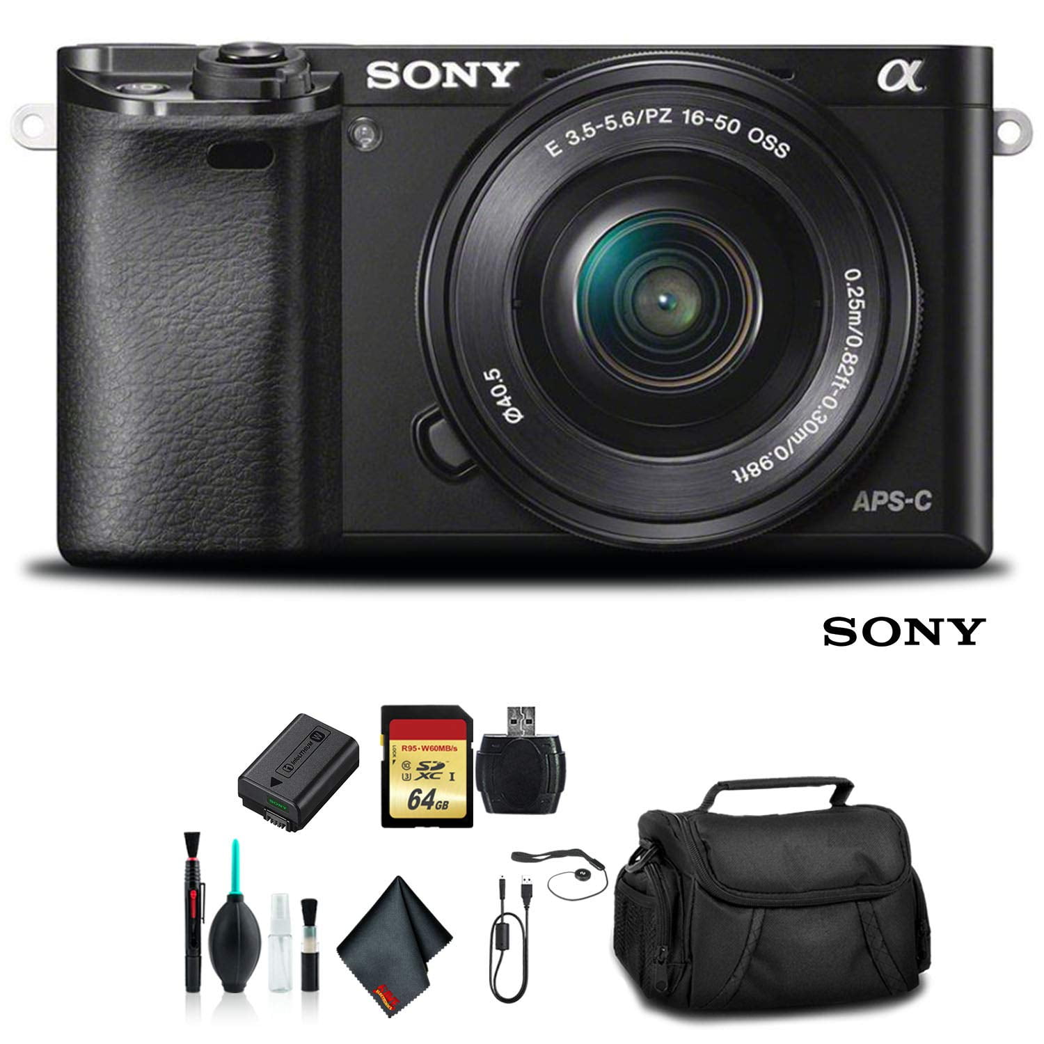 Sony Alpha a6000 Mirrorless Camera with 16-50mm Lens Black With Soft Bag, 64GB Memory Card, Card ...
