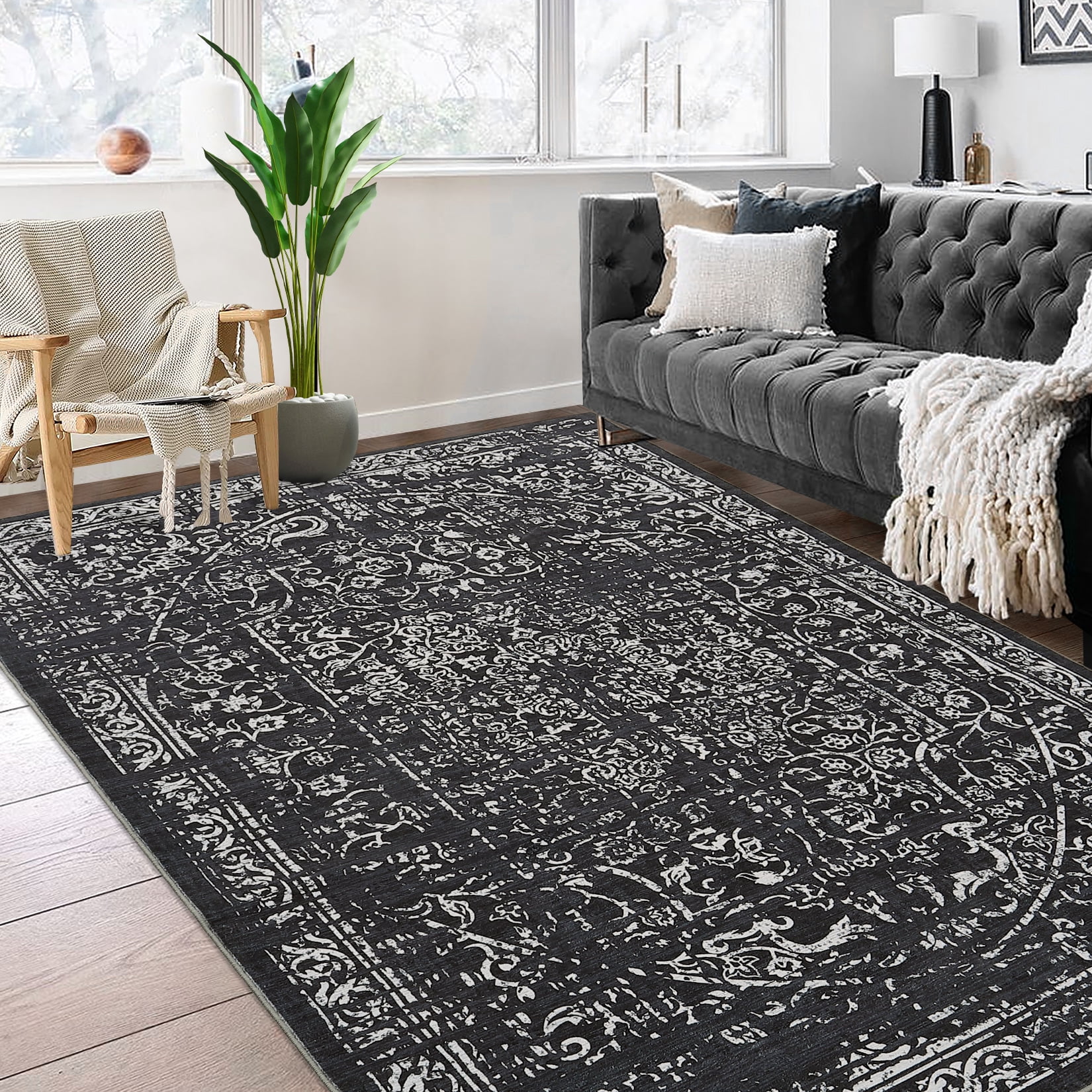 Hasoo 9' x 12' Area Rug for Living Room Boho Vintage Rug Non Slip Throw Rugs Floral Indoor Carpet, Black