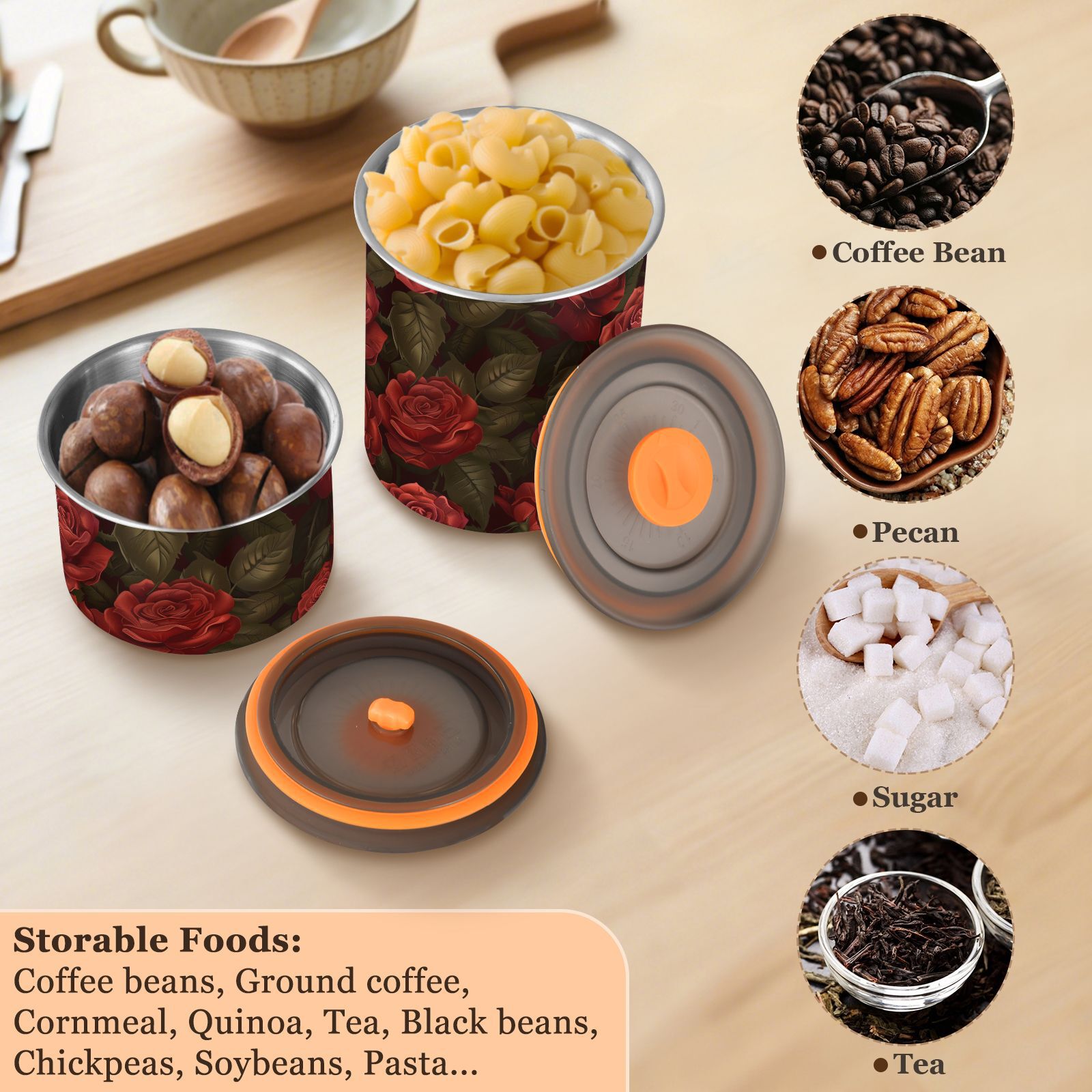 Dark Red Rose Flowers Airtight Coffee Bean Canister 30oz Food Storage Containers with Lids For Gournd, Tea, Sugar, Flour, Rice, Cereal, Candy Cookie Jar