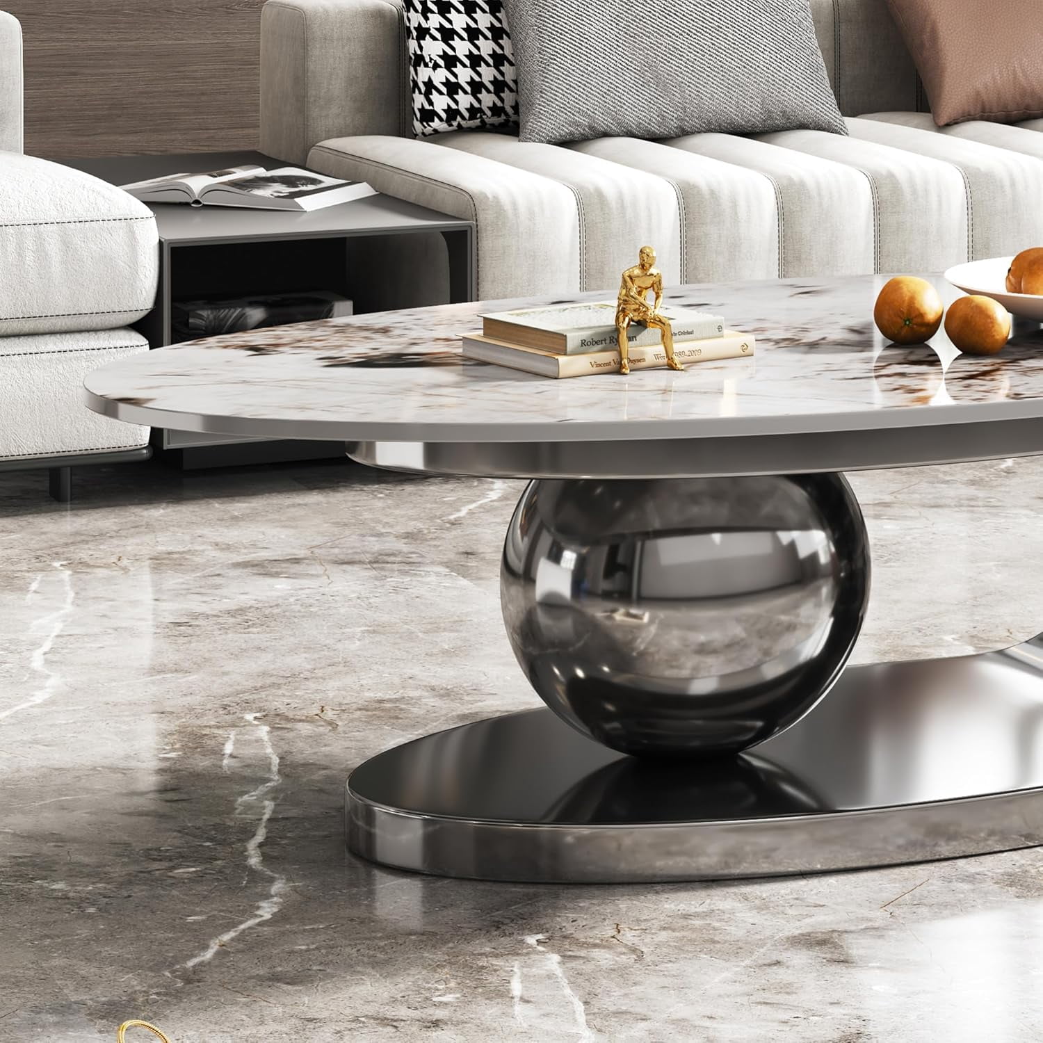 49.2" Modern Oval Marble Coffee Table – Gray Stainless Steel Base, Scratch-Resistant, Easy Assembly