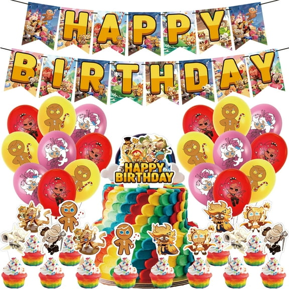 32 Pcs For Cookie Run Kingdom Cartoon-Themed Birthday Decorations and Party Favors Set – Includes Banner, Cake Topper, 12 Cupcake Toppers, and 18 Balloons for Celebration Events