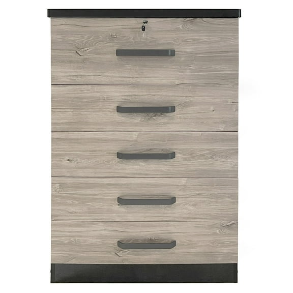 Better Home Products Xia 5 Drawer Chest of Drawers in Black Silver & Gray Oak