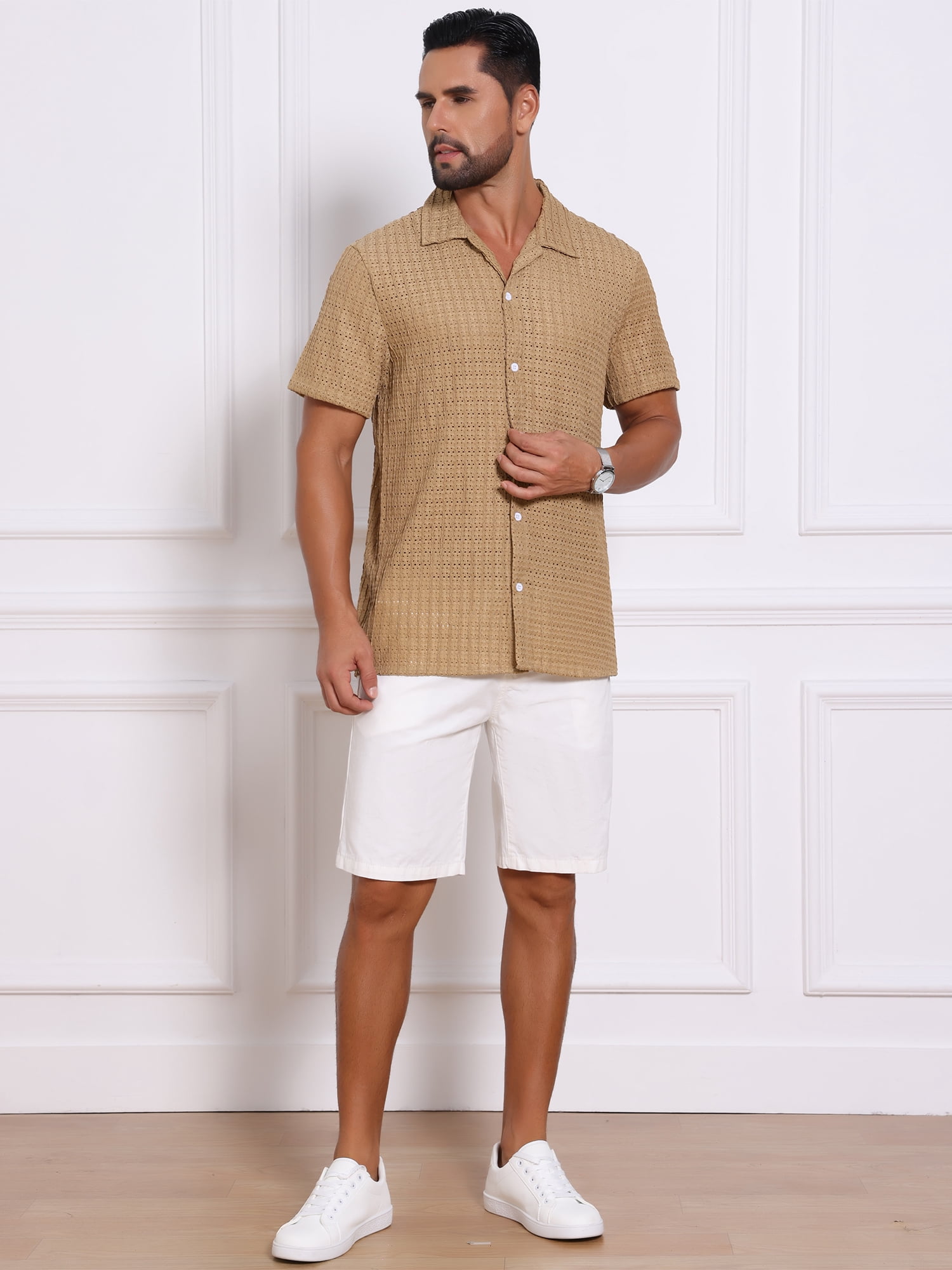 DARING DIVA Men's Casual Knitted Hollow Out Short Sleeve Shirt L Khaki