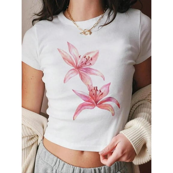 Women's Vintage Floral Print Round Neck Crop Tee, Casual Short Sleeve Crew Neck T-shirt for Summer, Fashion Women's Top for Daily Wear
