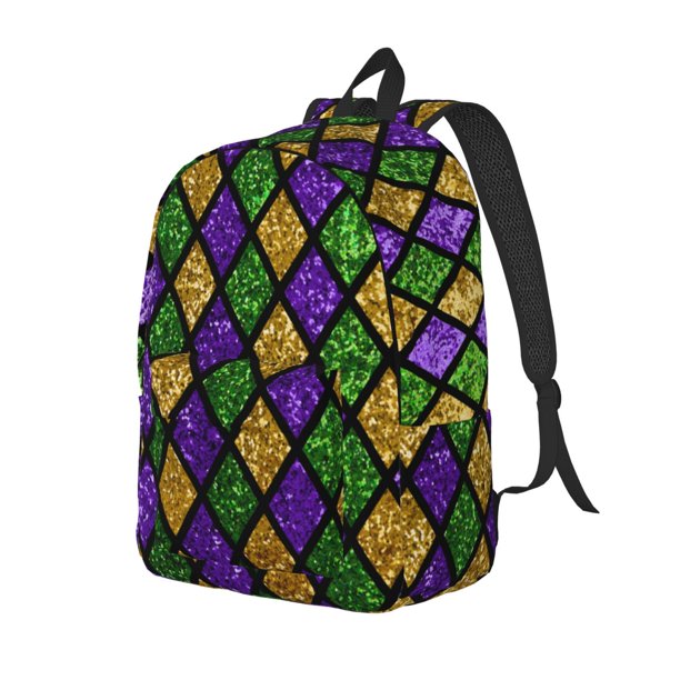 Disketp Mardi Gras Shiny Green Purple print Canvas Backpack Lightweight Travel Daypack Student Rucksack Laptop Backpack-Medium