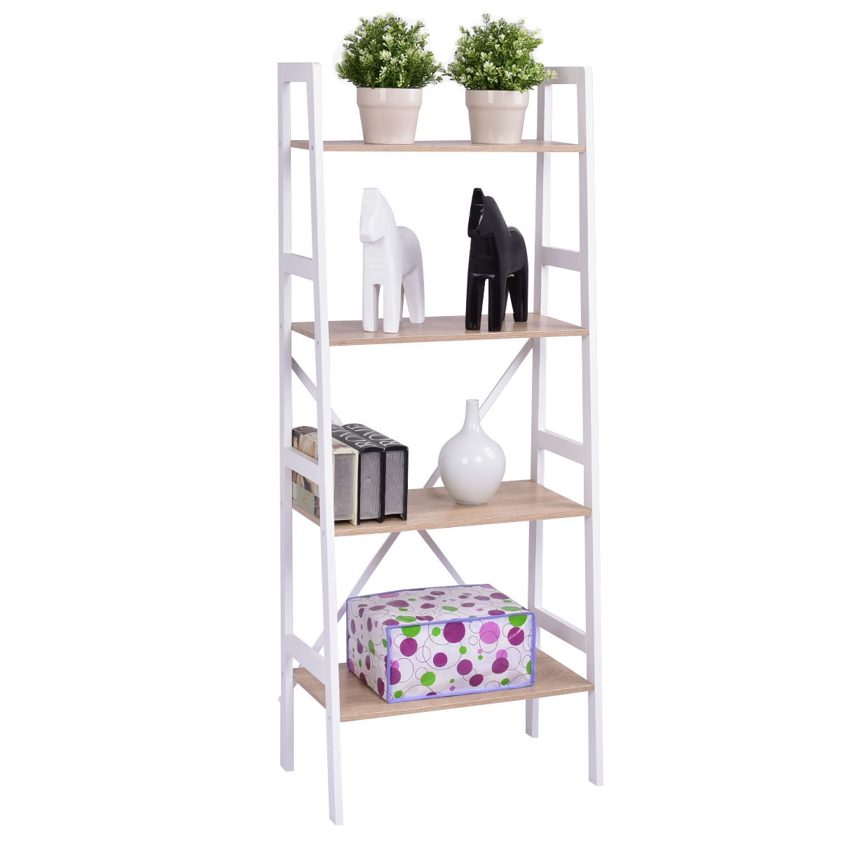 4-Tier Bookcase Bookshelf Leaning Wall Shelf Ladder Storage Display Rack Stand
