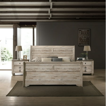Roundhill Furniture White Wash Finish 3-Piece Bedroom Set-Sleigh Bed and Two Nightstands, King Size