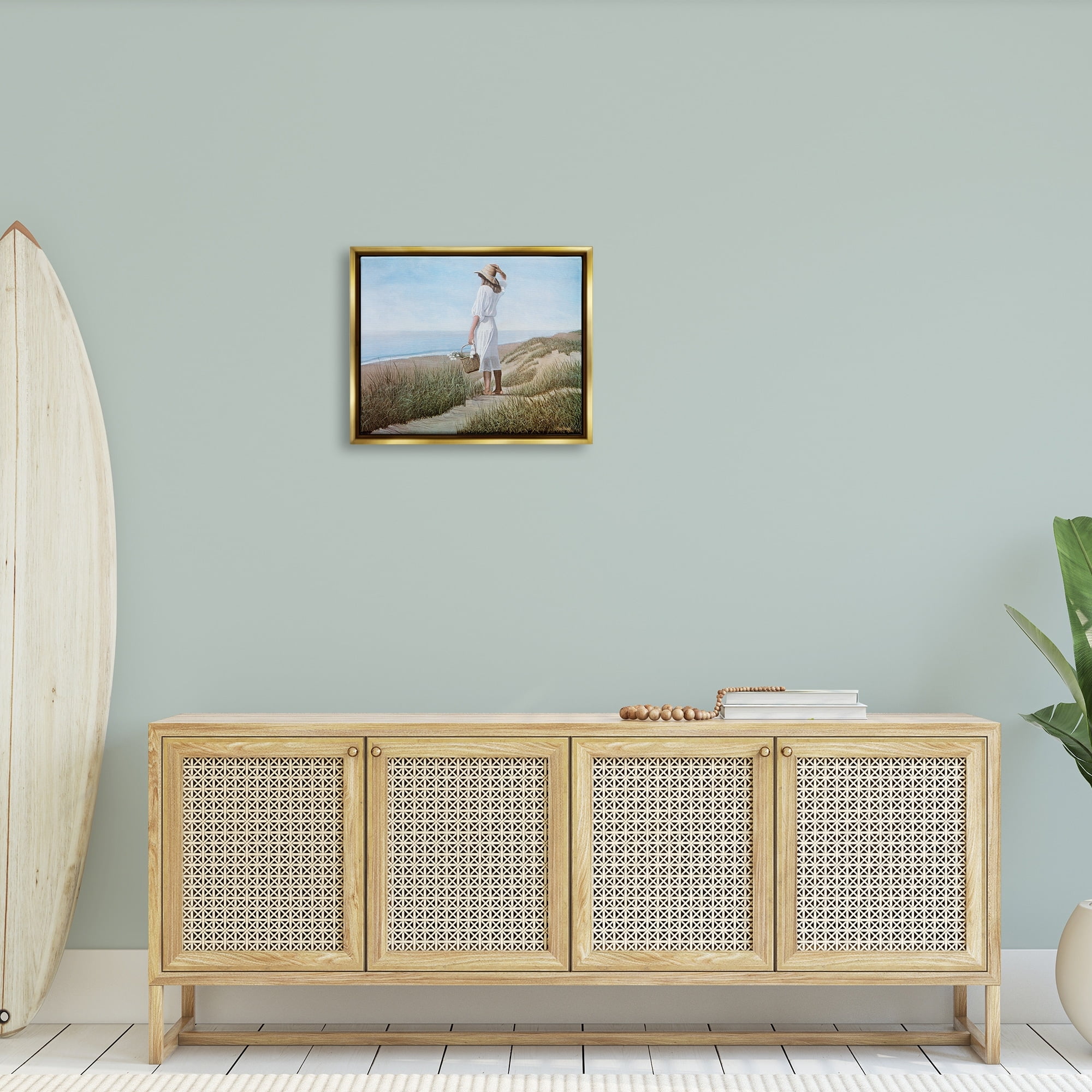 Stupell Industries Woman Enjoying Peaceful Beach Shore Landscape View Painting Metallic Gold Floating Framed Canvas Print Wall Art, Design by Tom Mielko