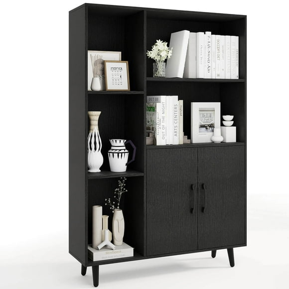 Costway Free Standing Storage Cabinet with 5 Open Shelves Double Door Cabinet Metal Legs Black