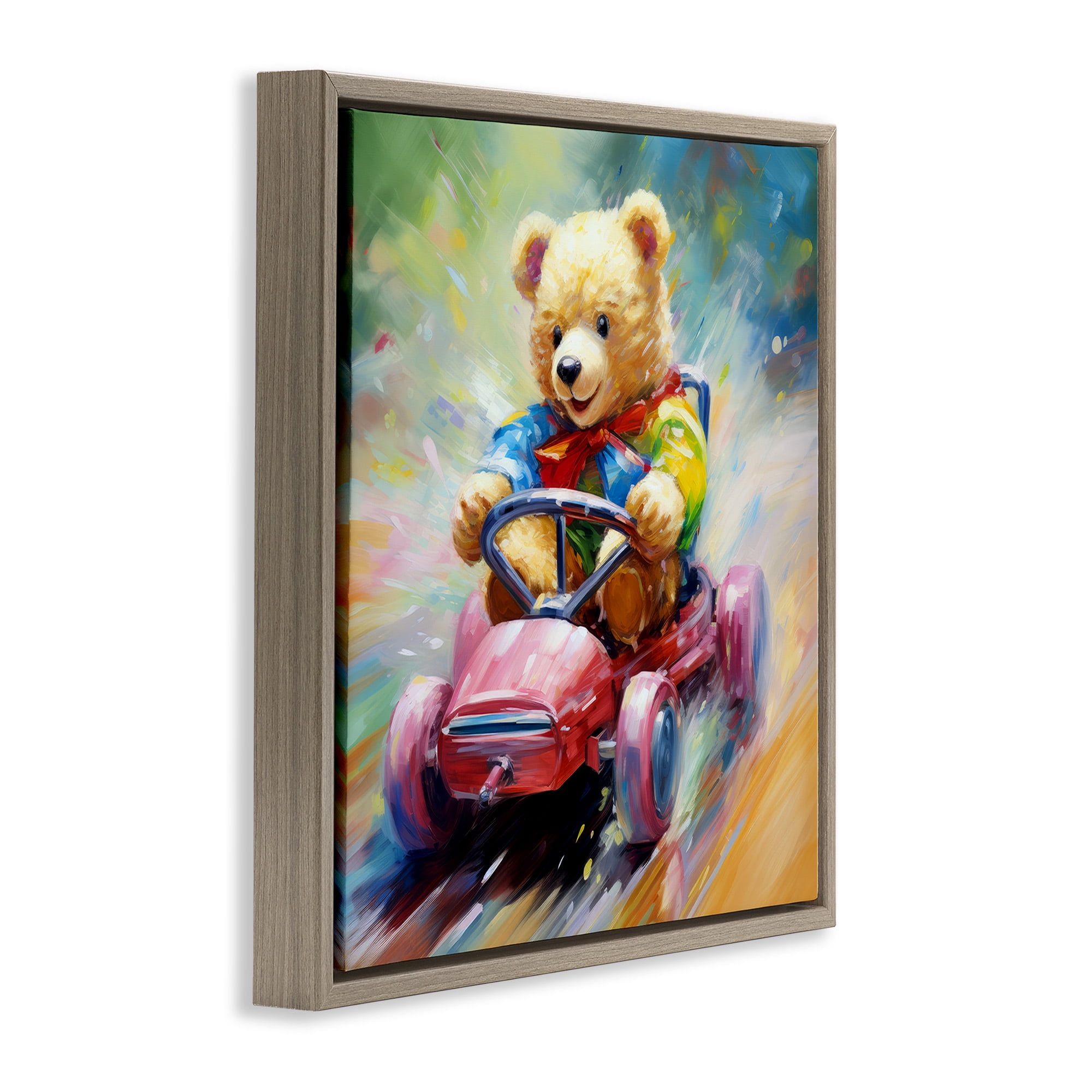 Stupell Industries Teddy Bear on Go Kart Animals & Insects Painting Brown Floater Framed Canvas Art Print Wall Art, 18 x 18