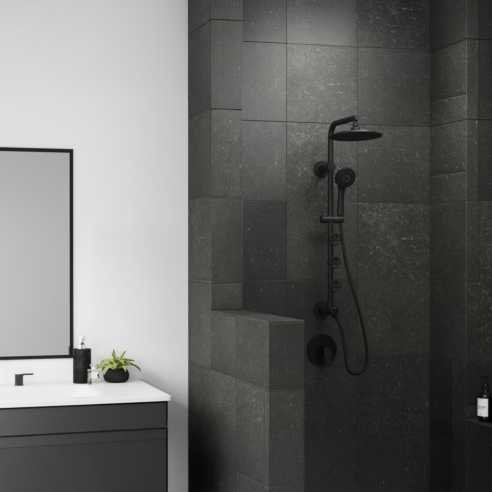 Lanai 8-in Rain Showerhead Shower System with 3-Body Jets Pivoting Shower Arm and Multi-function Handshower Matte Black