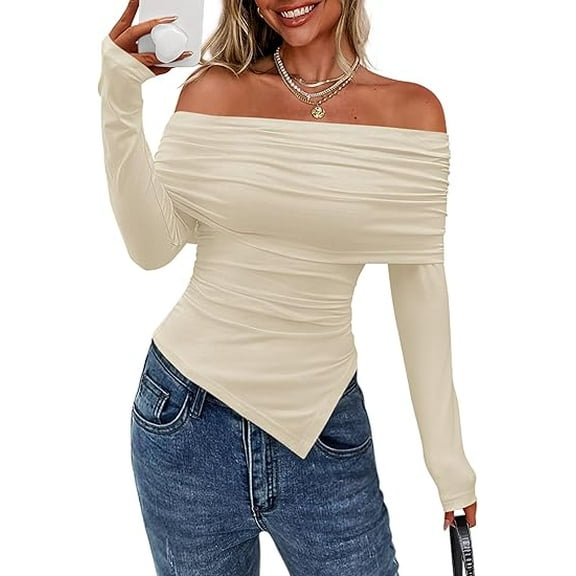 PRETTYGARDEN Women's Long Sleeve Shirts Off Shoulder Tops Going Out Slim Fitted Y6K Blouses Fall Fashion Clothes