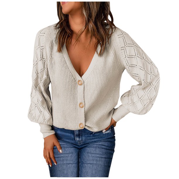 Suéteres de Otoño Para Mujer Suéter Ahuecado Casual Botones de Punto Sólidos Tops de Manga Larga Con Cuello en V Odeerbi ODB171400