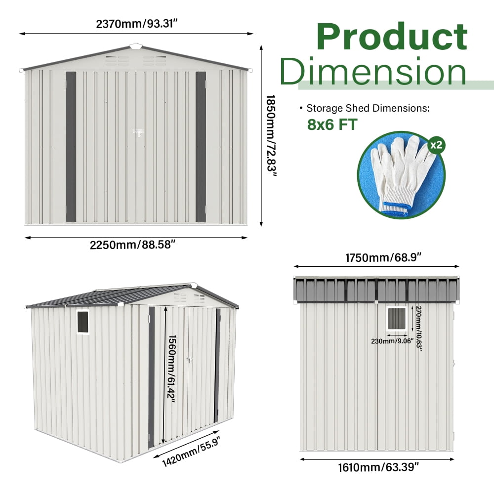 8x6 FT Metal Shed with Pitched Roof & Lockable Doors & Window, Waterproof Outdoor Storage for Garden Tools, Bikes & Sundries