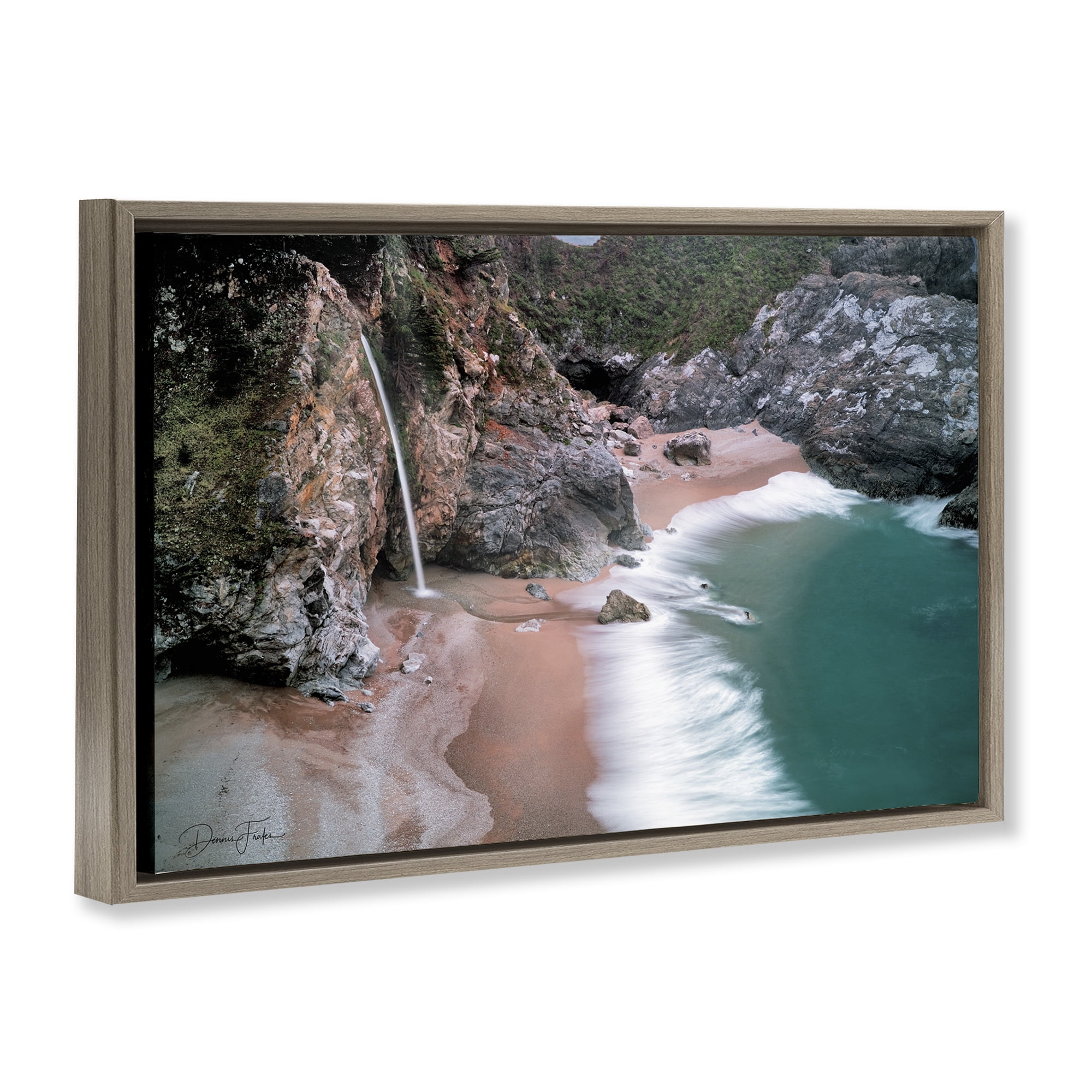Stupell Industries Tropical Waterfall Cliffs Coastal Painting Brown Floater Framed Canvas Art Print Wall Art, 31 x 21