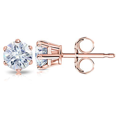 14k Rose Gold Round Moissanite Stud Earrings (1ct TGW, 5mm, H-I) 6-Prong Set, Push-Back by Diamond Wish
