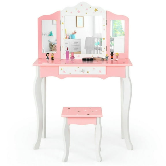 Spaco Kids Princess Vanity Table and Stool Set with Tri-folding Mirror and Drawer-Pink, Girls Vanity for Girls Kids