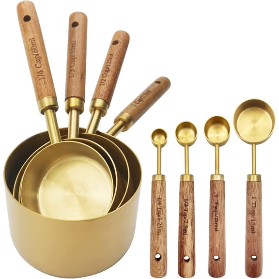 Gold Measuring Cups and Spoons Set, 8 PCS Measuring Cups Wooden Handle, Metal Measuring Spoons