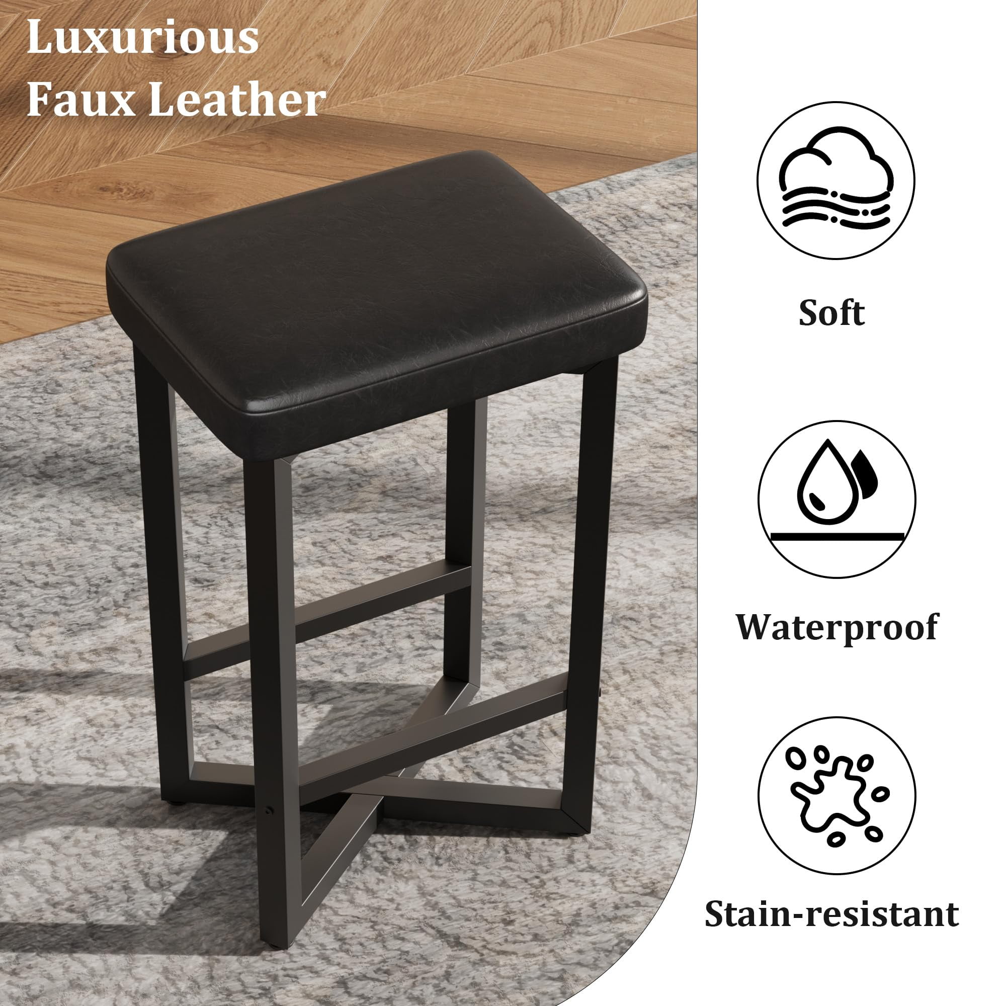 Counter Height Bar Stools Set of 2, 24.6 Inch Barstools for Kitchen Island Counter, PU Leather Kitchen Stools with Thick Saddle Seats & Heavy Duty Metal Base, Easy Assembly, All Black