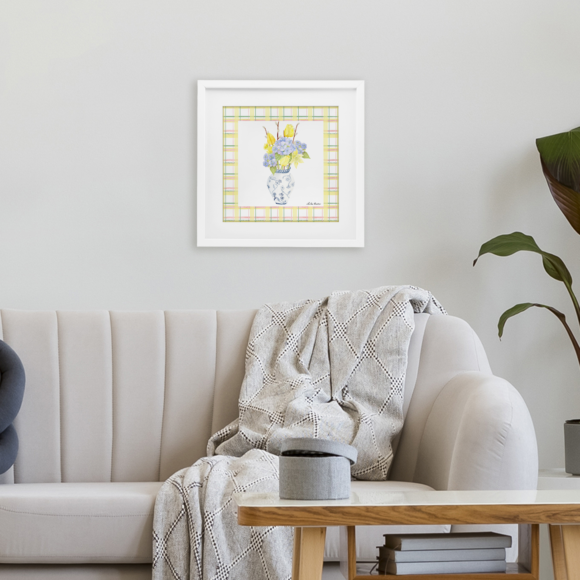 Spring Vase on Yellow Plaid White Framed Print Under Glass, design by Lee Ann Sanders