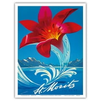 St. Moritz Les Bain - Schweiz Switzerland Suisse Svizzera - Red Lily - Vintage Travel Poster by Martin Peikert c.1958 - Master Art Print (Unframed) 9in x 12in