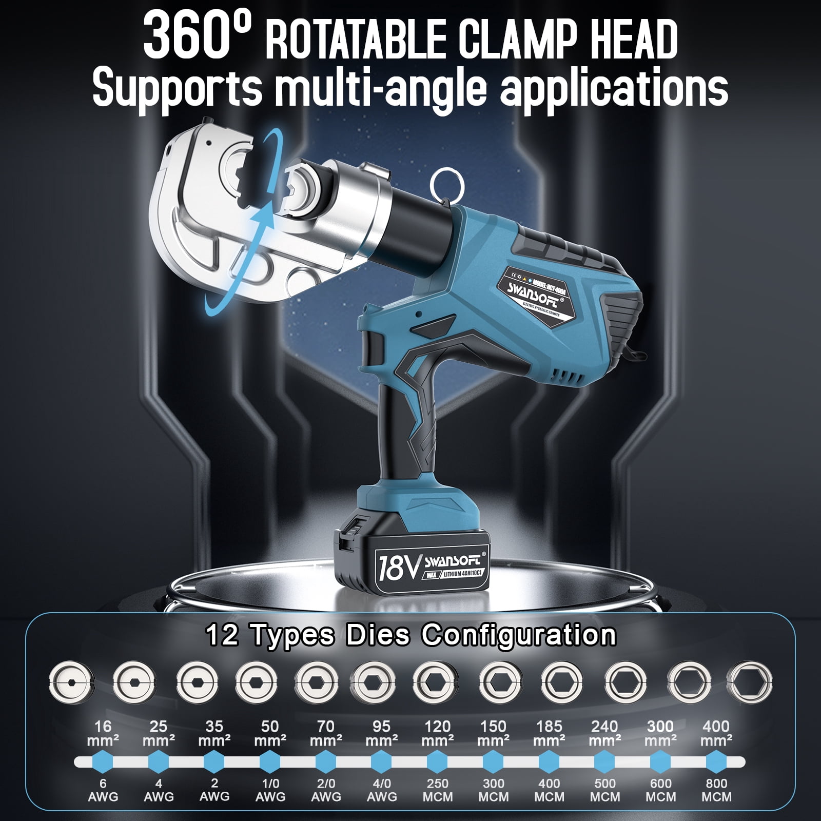SWANSOFT Electric Hydraulic Crimping Tool, 12Ton 6AWG-800MCM Hydraulic Crimper