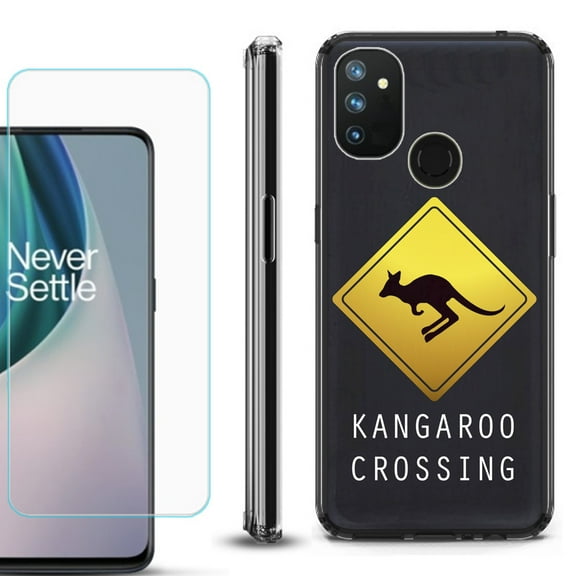 Shockproof Bumper Phone Case for OnePlus Nord N100, with Tempered Glass Screen Protector, by OneToughShield ® - Road Sign Kangaroo