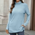 thumbnail image 2 of HVOBTTY Women's Long Sleeved T Shirt, Fall Tops for Women, Women's Fashionable Solid Color High Neck Loose Split Pullover Top Light Blue, S, 2 of 5