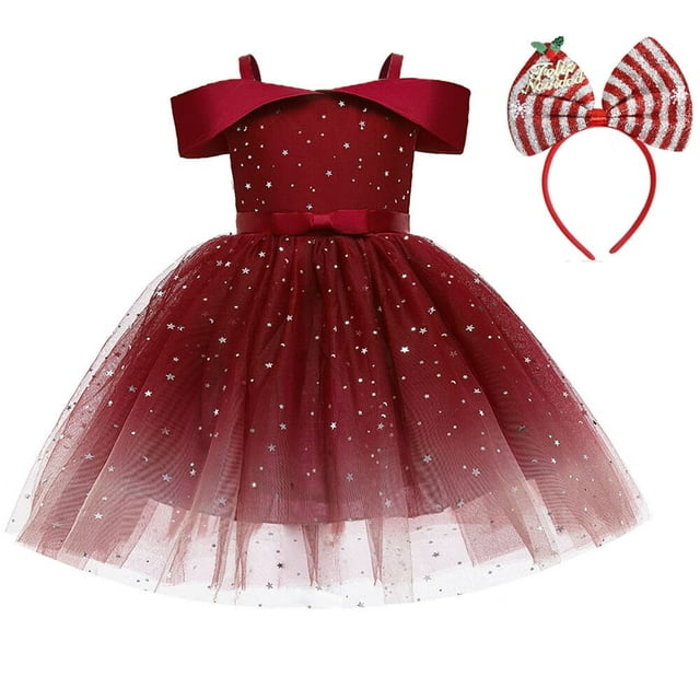 Robe de Noël Épaules Dénudées pour Filles Robe de Fête de Mariage en Tulle à Sequins