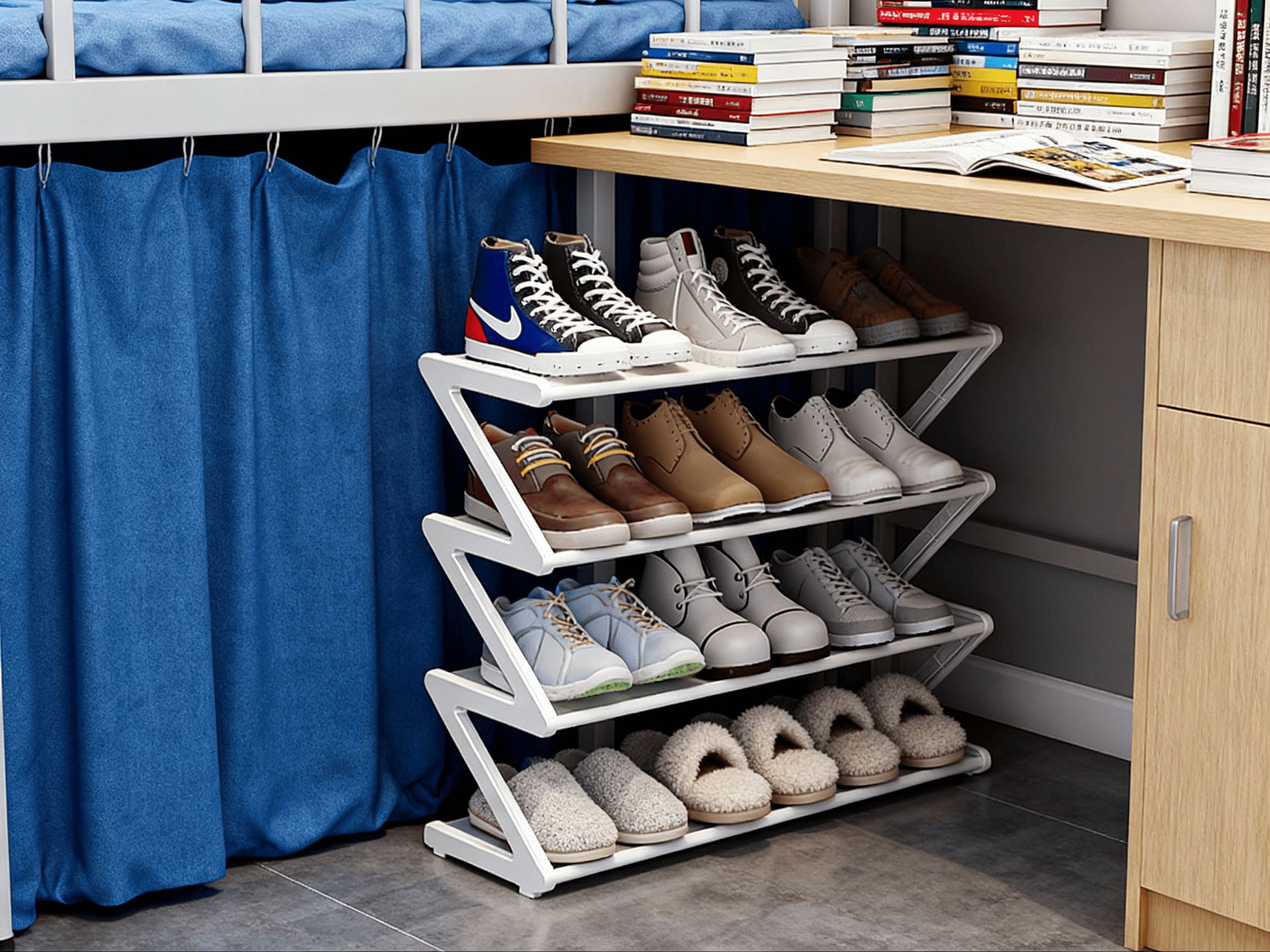 multifunctional shoe storage rack with Z-shaped layered design for dorms and home organization durable polyester construction non- and absorbent features versatile living space organizer