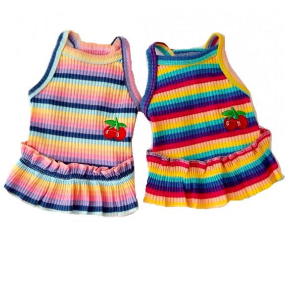 Small Dogs Colorful Striped Dog Skirts Cherry Printed Rainbow Color Dog Cat Tutu Dress Sundress Vest Apparel