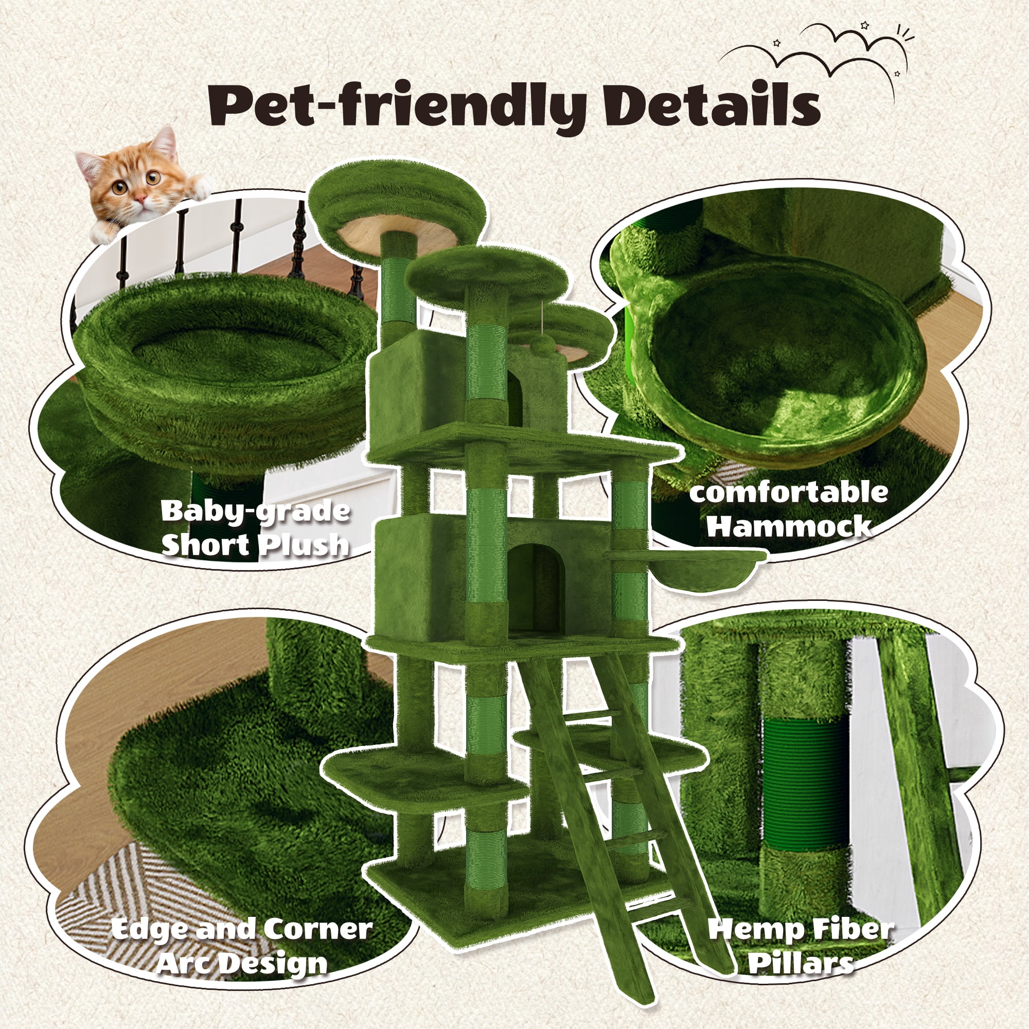 Large Cat Tree, Multi-Level Cat Tower with 2 Private Condos, 3 Perches, Hanging Hammock, Natural Sisal Scratching Posts, Stable Cat Furniture for Multi-Cat Families