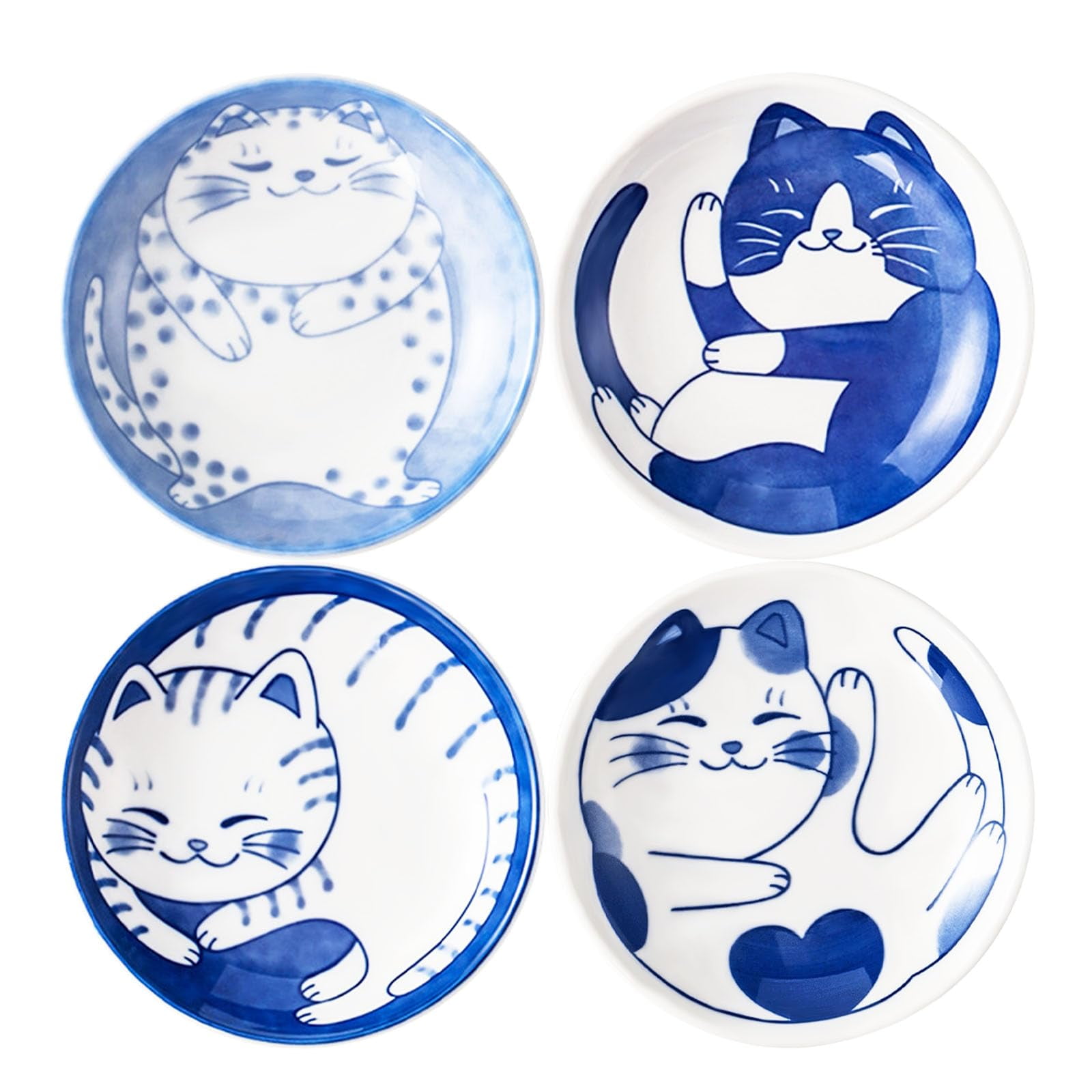 4 Pcs 4 Inches Cute Cat Soy Sauce Dish,Ceramic Cat Bowls,Japanese Cat Plates,Dipping Bowls,Snack Dish,Small Ceramic Saucers Plates, Sushi Plate Set, Mini Bowls, Small Bowls for Sides Dish