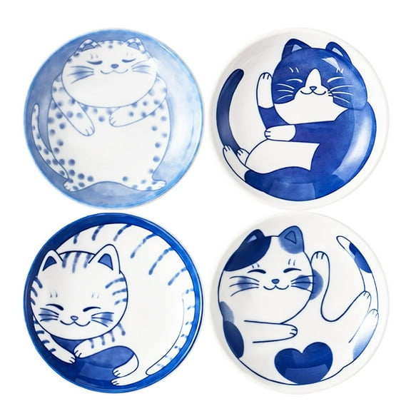 4 Pcs 4 Inches Cute Cat Soy Sauce Dish,Ceramic Cat Bowls,Japanese Cat Plates,Dipping Bowls,Snack Dish,Small Ceramic Saucers Plates, Sushi Plate Set, Mini Bowls, Small Bowls for Sides Dish