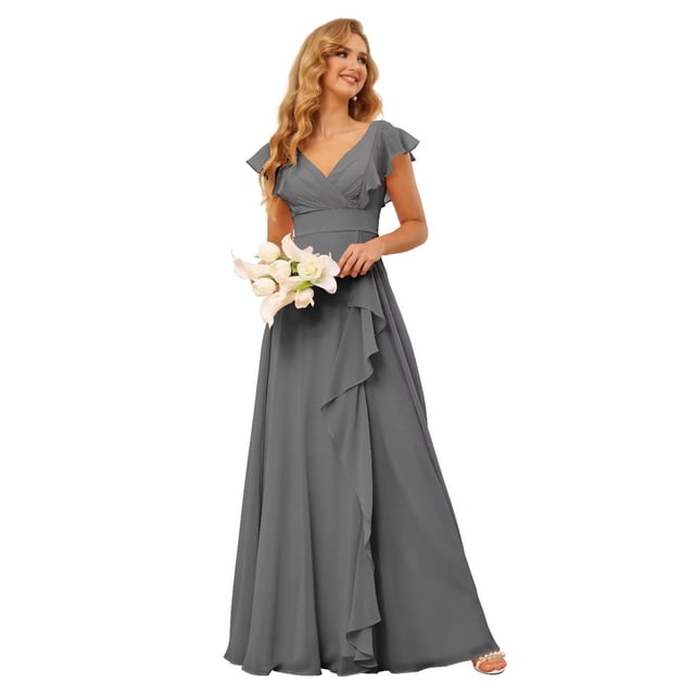 Vestido de dama de honor TIRAS Elegante cuello en V de gasa gris, talla grande