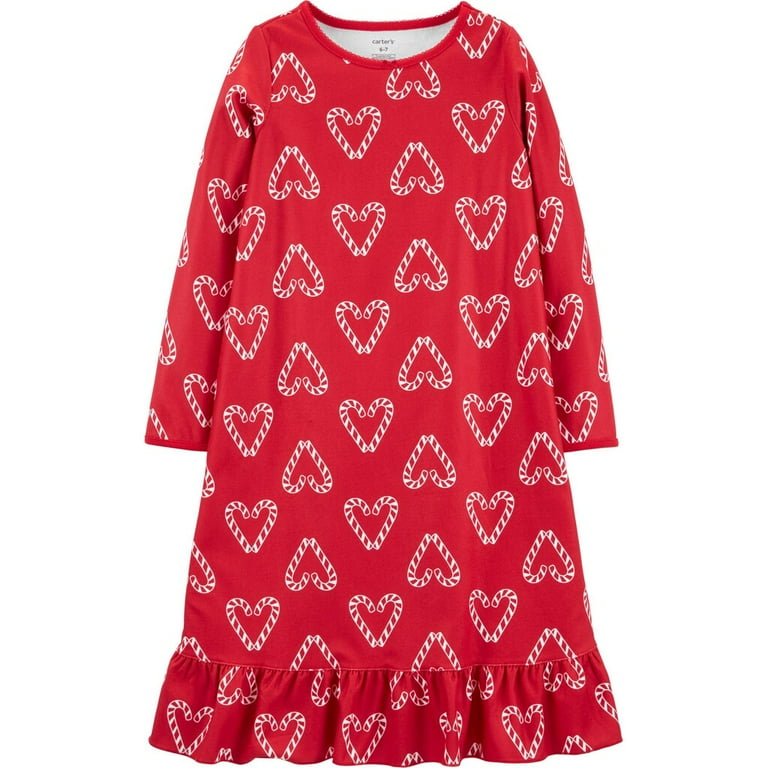 Girls 4 14 Carter s Heart Fleece Nightgown Red Candy Cane Walmart