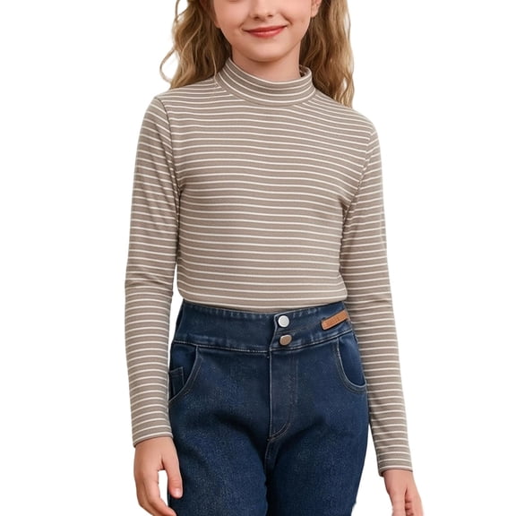 Khunlpohl 3-15 Years Girls Crew Neck Undershirts Striped Fleece Thermal Tops Casual Long Sleeve Comfortable Shirts for Kids