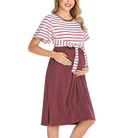 

Spdoo Women s Maternity Dress Striped Casual Maternity Swing Dress Pregnancy Clothes Knee Length with Belt