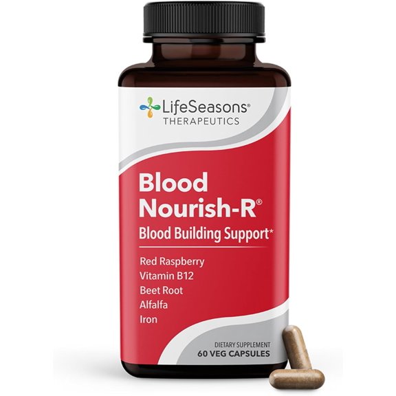 LifeSeasons Blood Nourish-R - Iron Deficiency Supplement - Supports Anemia, Fatigue, Paleness & Dizziness - No Constipation - Blood Building - Iron, Alfalfa, Raspberry & Vitamin B-12-60 Capsules
