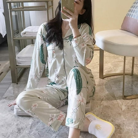 

[Brand Clearance!]Fashion Leaf Print Loose Casual Suit Home Service Button Cardigan Suit Pajamas Two-piece