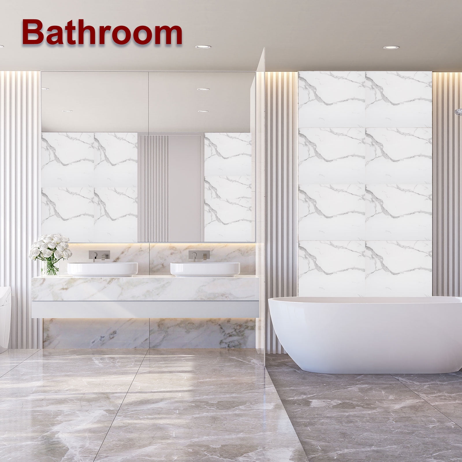 Uxcell 20Pcs Peel and Stick Marble Tiles, Waterproof Wall Panel Backsplash, 11.81"x11.81" Peel and Stick Shower Tiles for Bathroom, White with Grey Veins Design