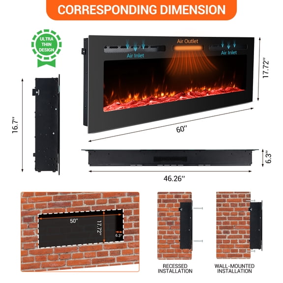 60 Inch Ultra-Thin Electric Fireplace Insert, Wall Mounted or Recessed Heater with 12 Adjustable Flame Colors