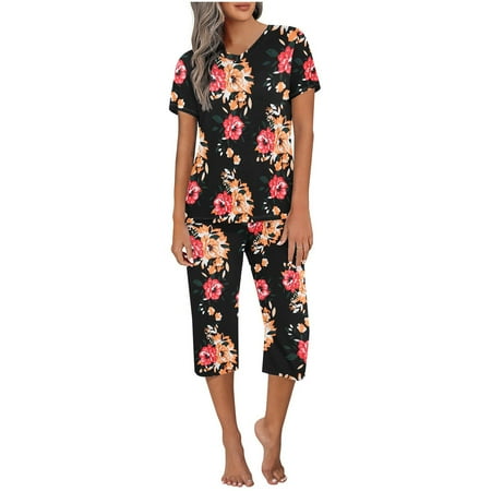 

Edvintorg Pajamas Set For Women Lounge Sets Clearance Short Sleeve Shirt And Capri Pants Sleepwear Pjs Sets Summer Casual Yoga Outfits Sets
