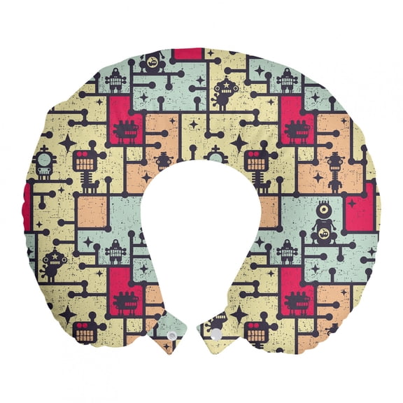 Space Travel Pillow Neck Rest, Geometric Grid Design with Stripes Dots Retro Background Robot Pattern, Memory Foam Traveling Accessory Airplane and Car, 12", Multicolor, by Ambesonne