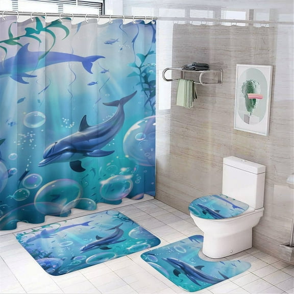 Marvels of The Sea 4PCS Shower Curtain Sets with Rugs with Non-Slip Bath Mat Toilet Rug，72" X 72"