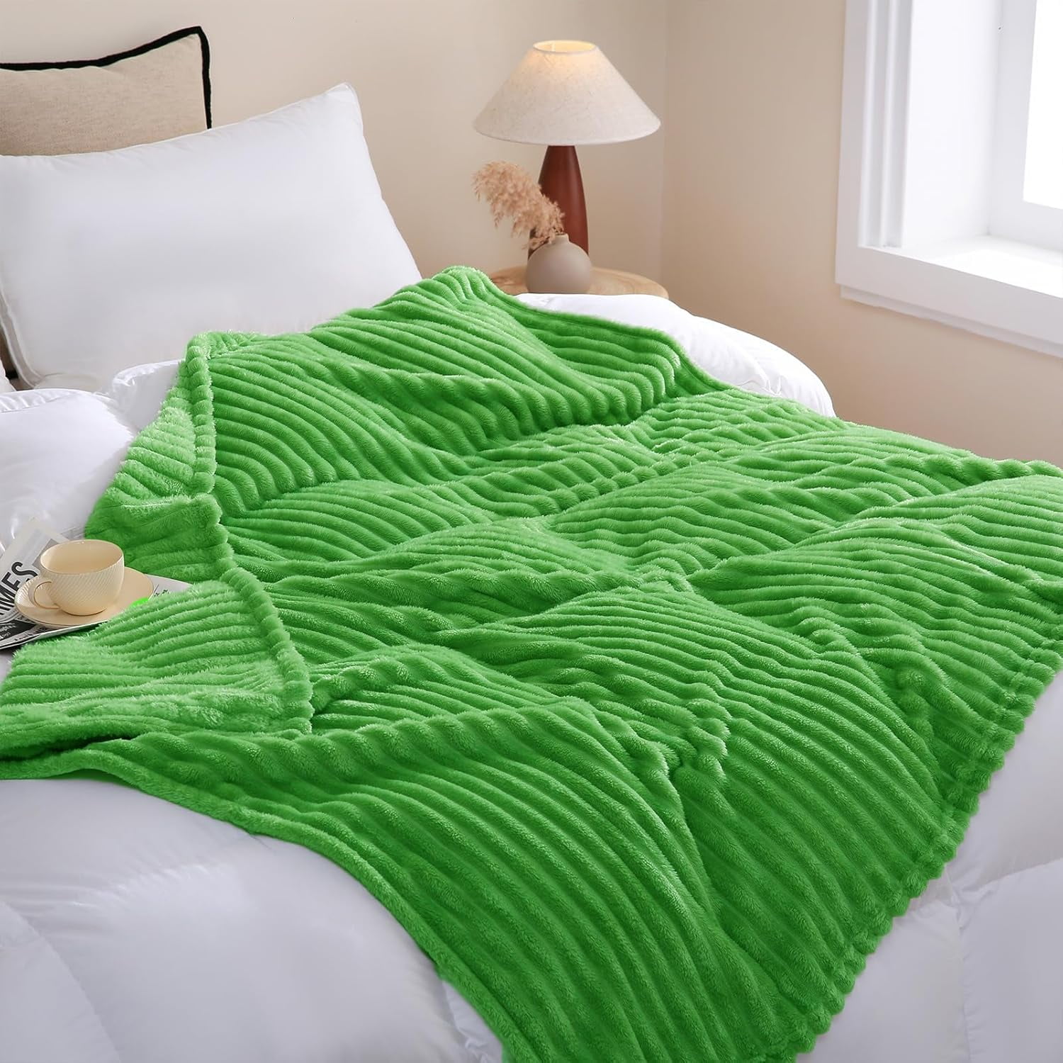 Sage Green Fleece Throw Blanket 50”×60” for Couch Sofa Bed,Super Soft Cozy Plush Microfiber Flannel Blanket with Stripes Design Lightweight for Adults,Woman,Girls