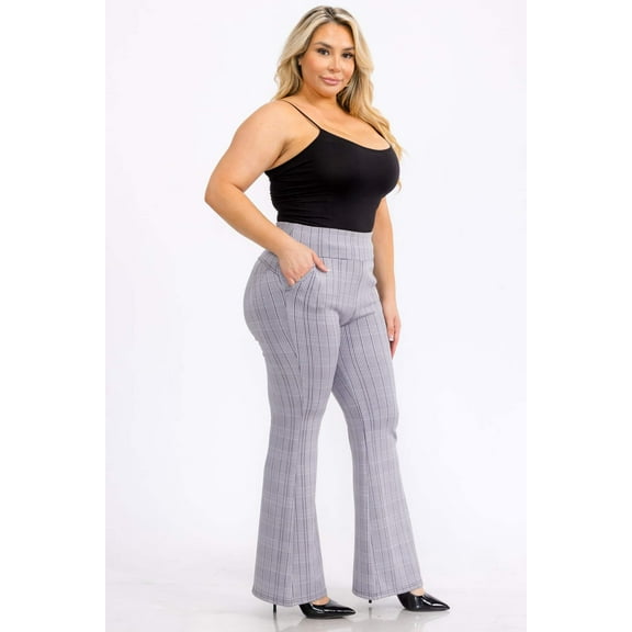 Plus Size Tummy Control Butt Sculpting Flare Pants With Pockets - Black, White Plaid