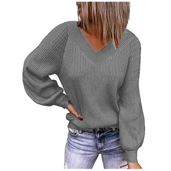 LEAVINGSUO 2026 Fall Womens Tops Plus Fashion Ladies Casual Solid Long Sleeve V-Neck Loose Sweater Women Blouse
